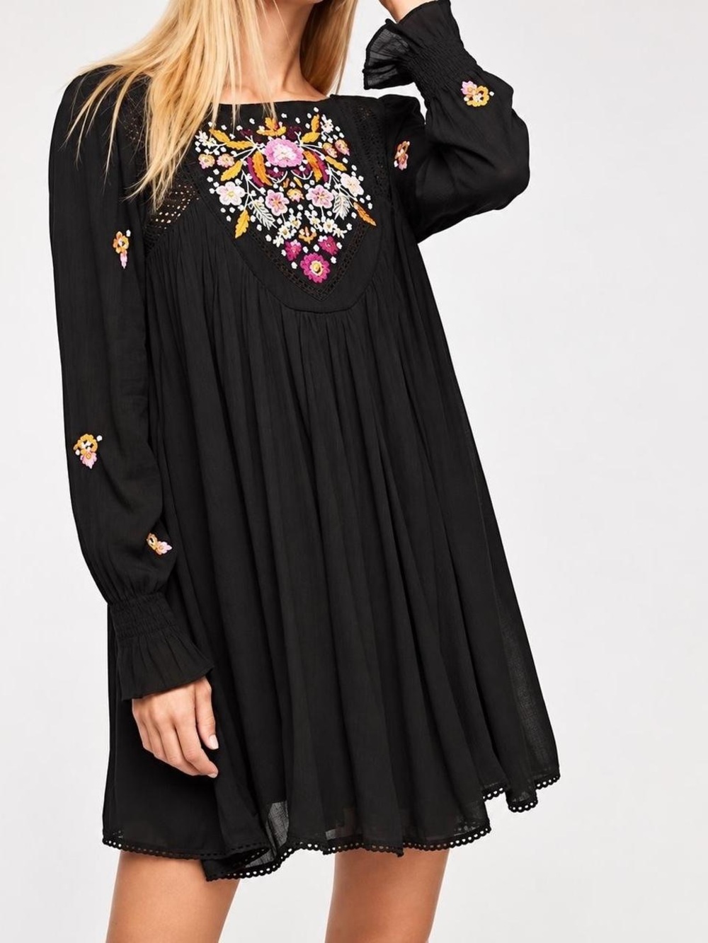 Free People Black Embroidered Floral Long-Sleeve Boho Dress